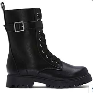 Black Faux Leather Combat Boots